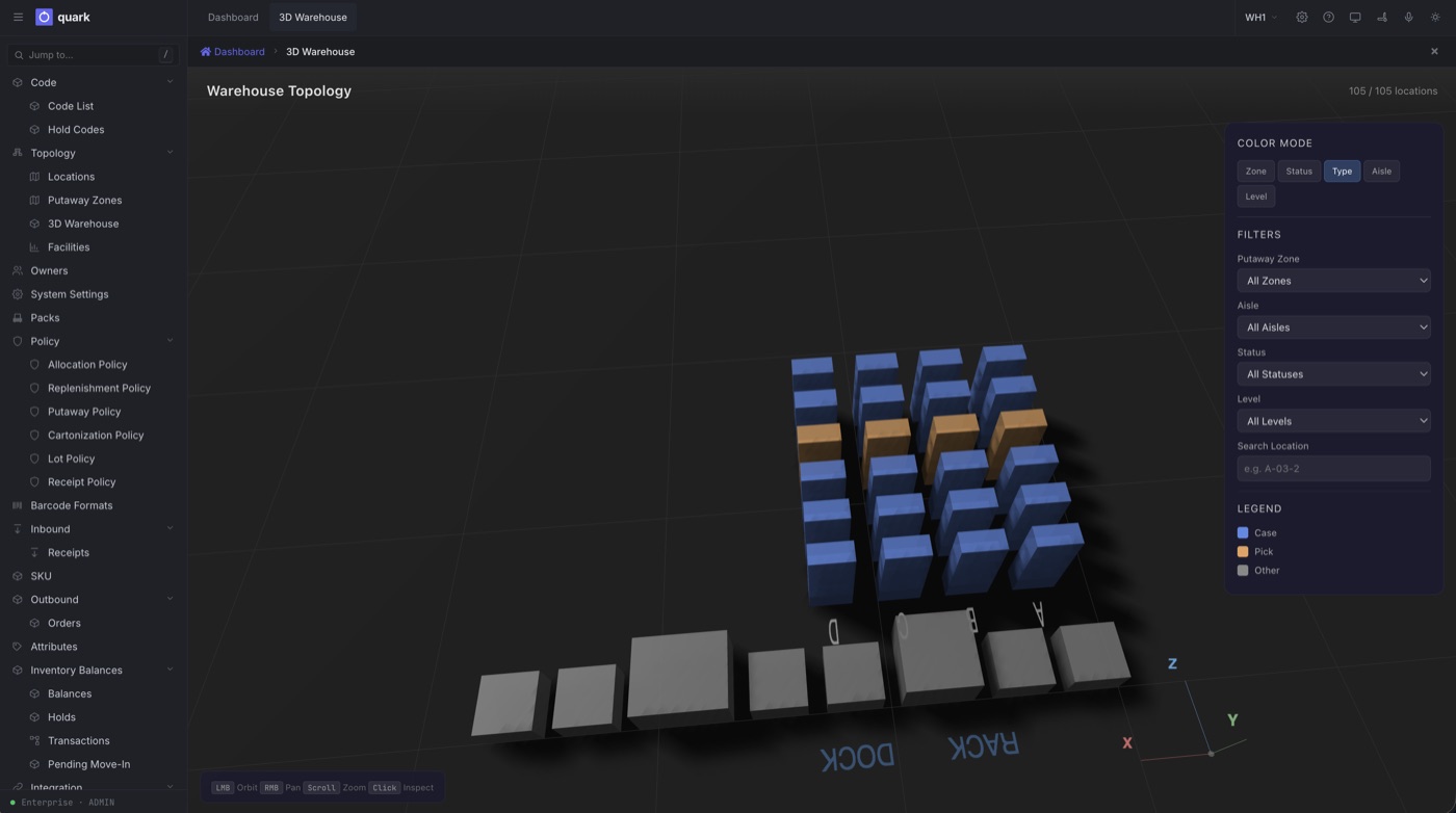 Three-dimensional warehouse topology showing racks, aisles and zones