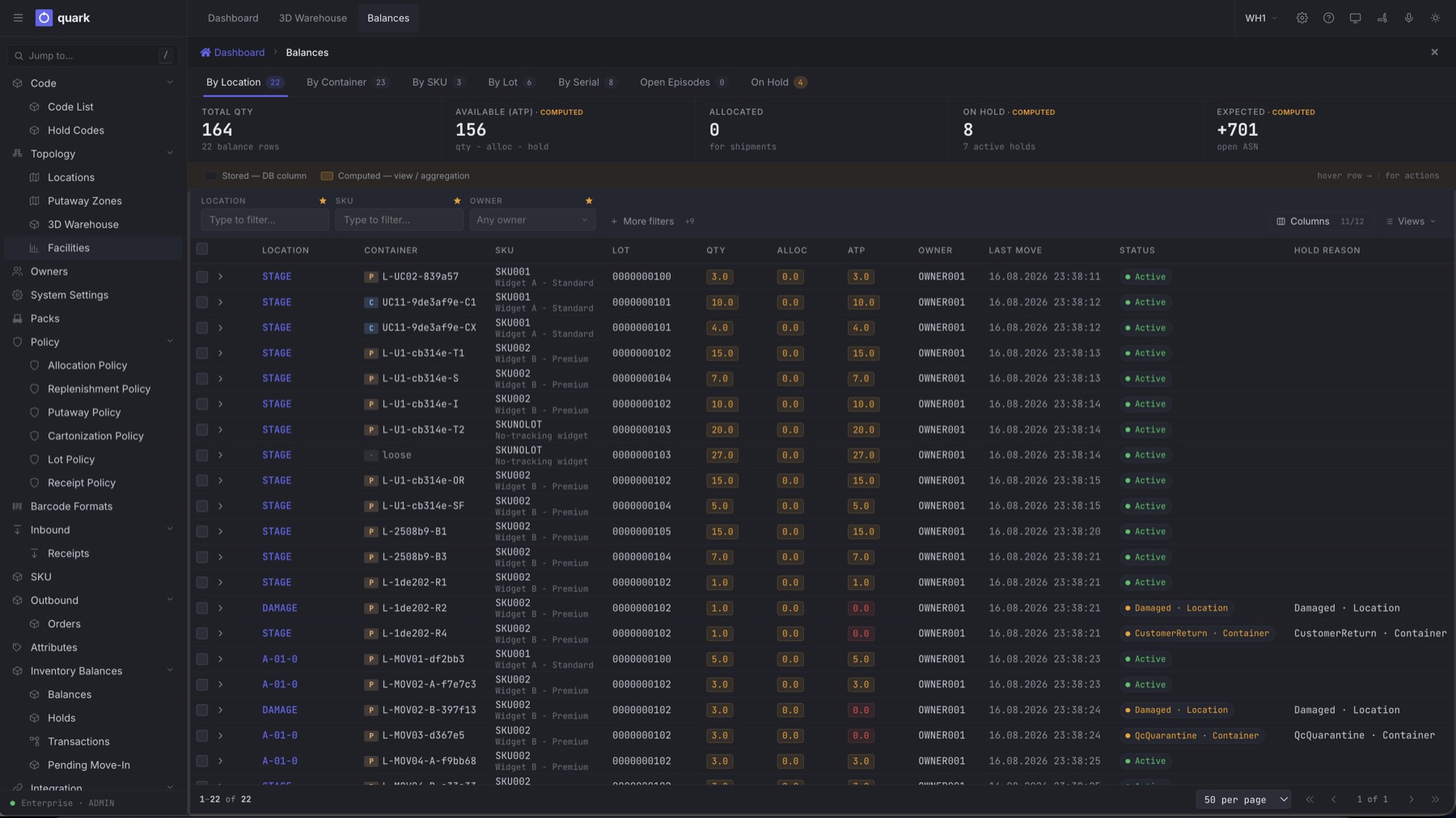Inventory balances by location with hold reasons for damage, customer return and QC quarantine