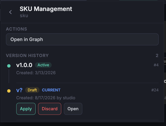 Studio version history panel listing an active version and a current draft with Apply, Discard and Open