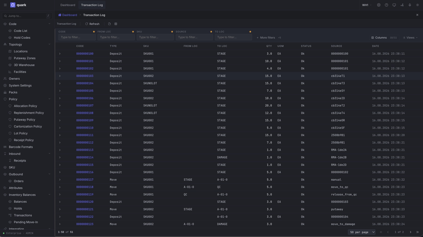 Transaction log listing deposits and moves, each with the reason it happened
