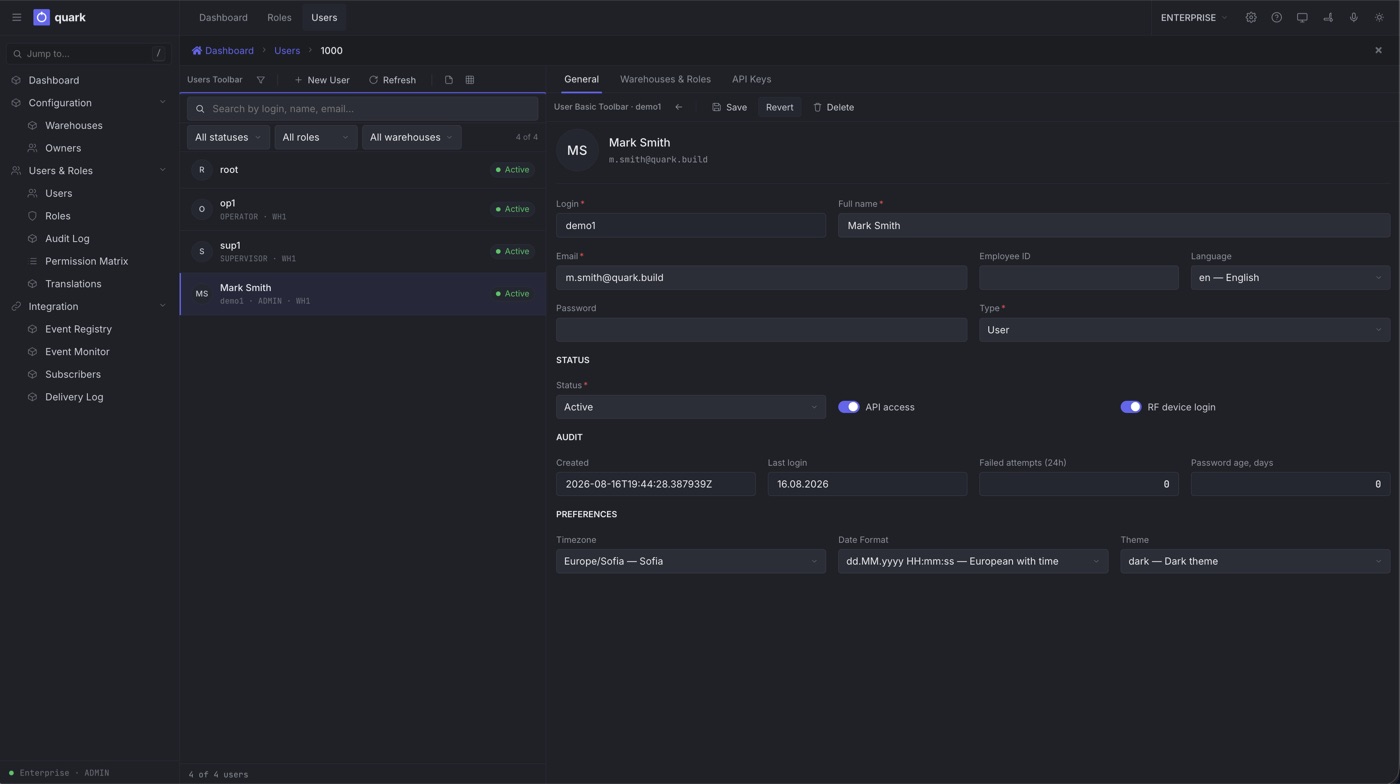 User record with API access and RF device login toggles and an audit block