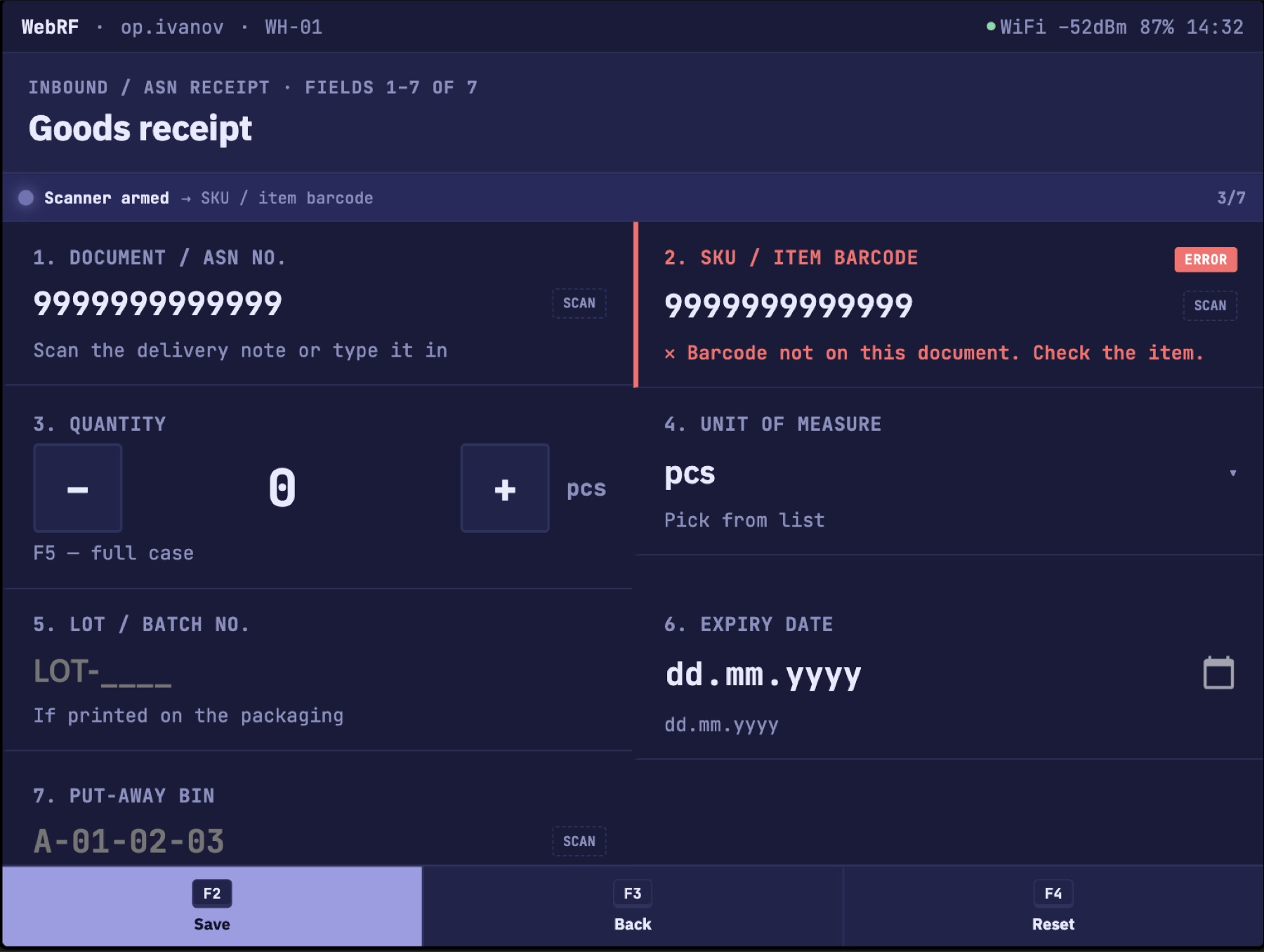 Web RF terminal refusing an entry with a validation error